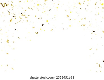 Golden confetti on a white background. Illustration of a drop of shiny particles. Decorative element for your design.