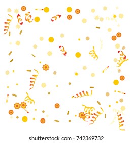 Golden Confetti  on White Background. Greeting Card, Invitation Template with Stars Confetti. Vector Background. Confetti Fall Chaotic Decor. Modern Creative Pattern.