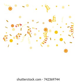 Golden Confetti  on White Background. Greeting Card, Invitation Template with Stars Confetti. Vector Background. Confetti Fall Chaotic Decor. Modern Creative Pattern.
