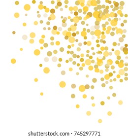 Golden confetti on white background. Luxury festive background. Golden translucent abstract dots are scattered on a white background. Element of design. Vector illustration, EPS 10.