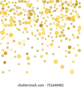 Golden confetti on white background. Luxury festive background. Golden translucent abstract dots are scattered on a white background. Element of design. Vector illustration, EPS 10.