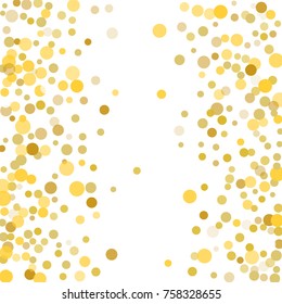 Golden confetti on white background. Luxury festive background. Golden translucent abstract dots are scattered on a white background. Element of design. Vector illustration, EPS 10.