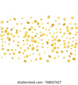 Golden confetti on a white background. Luxury festive background. Golden grainy abstract dots are scattered on a white background. Element of design. Suitable for postcards, posters, cards. Vector.