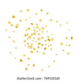 Golden confetti on a white background. Luxury festive background. Golden grainy abstract dots are scattered on a white background. Element of design. Suitable for postcards, posters, cards. Vector.