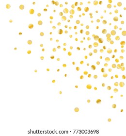 Golden confetti on a white background. Luxury festive background. Golden grainy abstract dots are scattered on a white background. Element of design. Suitable for postcards, posters, cards. Vector.