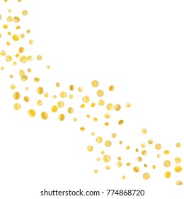 Golden confetti on a white background. Luxury festive background. Golden grainy abstract dots are scattered on a white background. Element of design. Suitable for postcards, posters, cards. Vector.