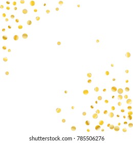 Golden confetti on a white background. Luxury festive background. Golden grainy abstract dots are scattered on a white background. Element of design. Suitable for postcards, posters, cards. Vector.
