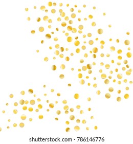 Golden confetti on a white background. Luxury festive background. Golden grainy abstract dots are scattered on a white background. Element of design. Suitable for postcards, posters, cards. Vector.