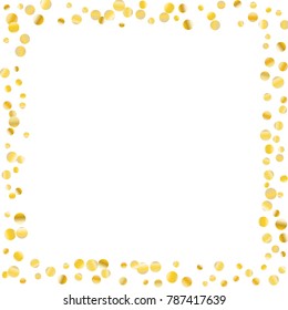 Golden confetti on a white background. Luxury festive background. Golden grainy abstract dots are scattered on a white background. Element of design. Suitable for postcards, posters, cards. Vector.