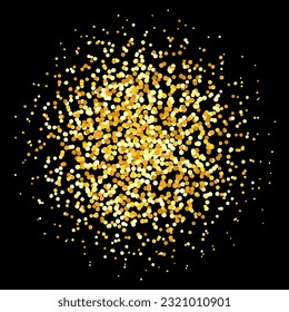 Golden confetti pale. Dotted glitter background. Splashed gold round dots heap. Yellow halftone texture. Christmas decoration element for invitation, banner. Vector illustration on dark background