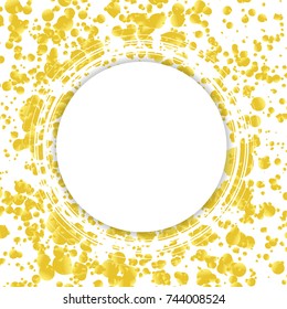 Golden confetti particles luxurious advertising background layout. White banner over golden foil pattern. Fashion design bright metallic poster. Vector illustration