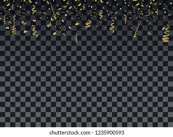 Golden confetti particles with ribbons. Vector decorative decoration of New year, Christmas, anniversary, celebrations. Illustration on isolated background.