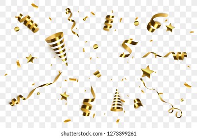 Golden confetti with party poppers isolated. Confetti burst. Vector illustration