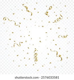 Golden confetti and party tinsel blast on a white background with a transparent effect. Birthday, Anniversary party element vector for wish. Gold ribbon and confetti design with paper scrap.