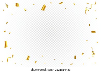 Golden confetti and party tinsel frame design. Golden confetti and ribbon explosion on transparent background. Golden confetti vector for the festivals. Festival elements.