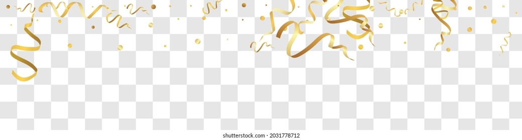 Golden Confetti Party Vector Transparent Panoramic Background. Decoration Serpentine Template. Streamer Celebrate Illustration. Yellow Flying Poster.