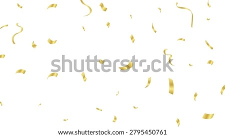 Golden confetti pieces falling in various directions on a pure white background, creating a festive and celebratory atmosphere with shiny metallic ribbons.