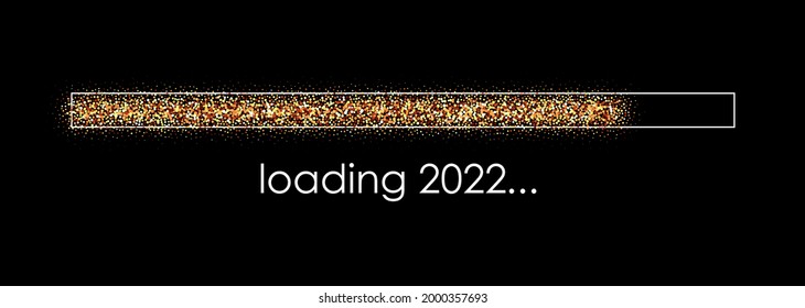 Golden confetti progress bar with loading 2022 sign. Black background. Vector holiday illustration.