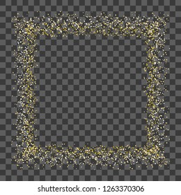 Golden confetti rectangle frame or shiny glitter particles background. Vector gold dots design backdrop for Christmas, New Year or birthday and luxury fashion