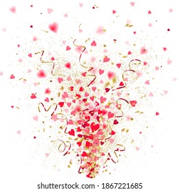 golden confetti with red hearts on white background