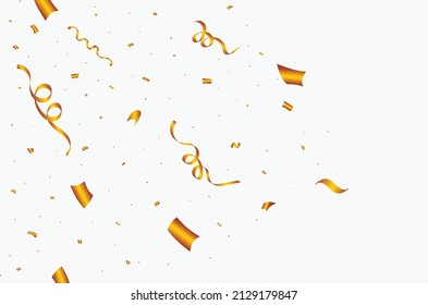 Golden confetti and ribbon blast illustration. Carnival celebration elements explosion vector. Golden confetti and tinsel falling on a white background. Festival and anniversary celebration elements.