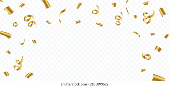 Golden confetti and ribbon falling isolated on dark background. Anniversary and wedding celebration confetti. Golden confetti and ribbon falling illustration. Festival elements vector.