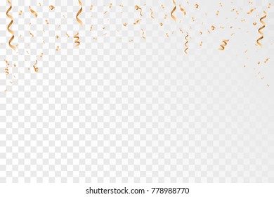 Golden confetti and ribbon falling on transparent background. Celebration. Vector Illustration EPS10
