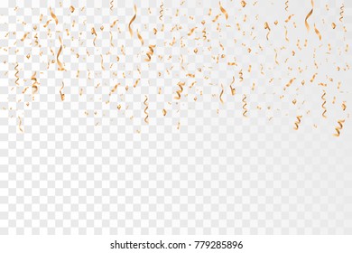 Golden confetti and ribbon falling on transparent background. Celebration. Vector Illustration EPS10