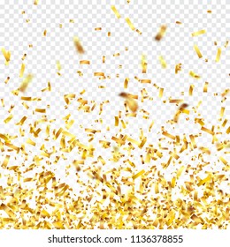 Golden confetti with ribbon. Falling shiny confetti glitters in gold color. New year, birthday, valentines day design element. Holiday christmas background.