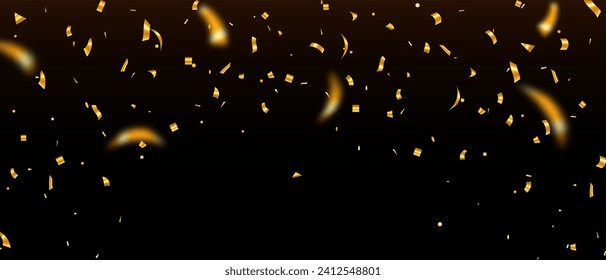 Golden confetti ribbon on black background. Anniversary, celebration. Shiny confetti png. Holiday. birthday. greeting illustration