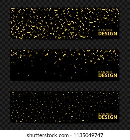 Golden confetti ribbons banner set. Victory flyers, first place