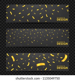 Golden confetti ribbons banner set. Victory flyers, first place