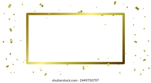 Golden Confetti Ribbons With Border Frame On White Background. Celebration And Happy Birthday. Decoration Concept Design. Vector Illustration. Banner