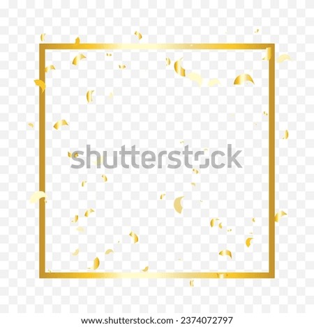 Golden Confetti Ribbons With Border Frame On Transparent Background. Celebration And Happy Birthday. Decoration Concept Design. Vector