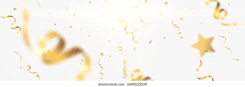 Golden confetti and ribbons falling in celebration, festive background for parties, awards, and special events.