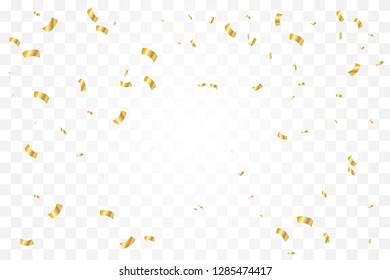 Golden Confetti And Ribbons Falling On Transparent Background. Celebration Event & Birthday. Vector