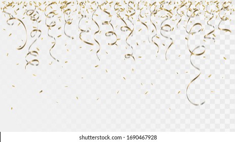 Golden confetti and ribbons on a transparent background, falling party decorations