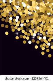 Golden confetti. Round gold glitter. Gradient Scattering on a black background. Glitter. Christmas shiny background.