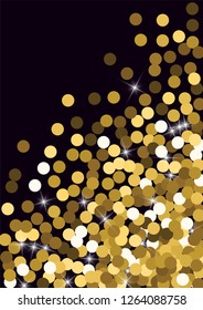 Golden confetti. Round gold glitter. Gradient Scattering on a black background. Glitter. Christmas shiny background.