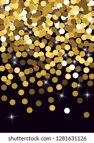 Golden confetti. Round gold glitter. Gradient Scattering on a black background. Glitter. Christmas shiny background.