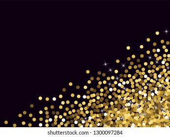 Golden confetti. Round gold glitter. Gradient Scattering on a black background. Glitter. Christmas shiny background.
