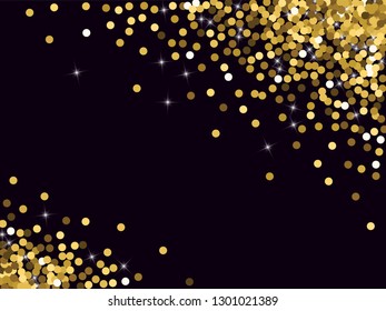 Golden confetti. Round gold glitter. Gradient Scattering on a black background. Glitter. Christmas shiny background.