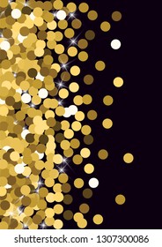 Golden confetti. Round gold glitter. Gradient Scattering on a black background. Glitter. Christmas shiny background.