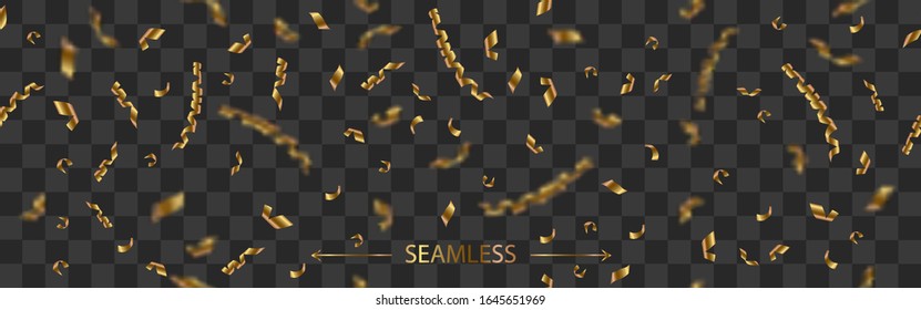  Ilustración vectorial. Confeti dorado. Fondo transparente oscuro. Patrón sin problemas. Papel envuelto, tarjeta de saludo, invitación, pancarta. 