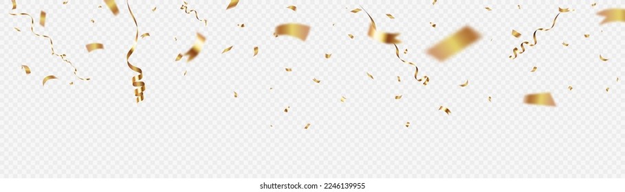 Golden confetti serpentine, falling lace confetti, streamer, tinsel on a transparent background for design and congratulations.Vector