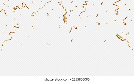 Golden confetti serpentine, falling lace confetti, streamer, tinsel on a transparent background for design and congratulations.Vector	
