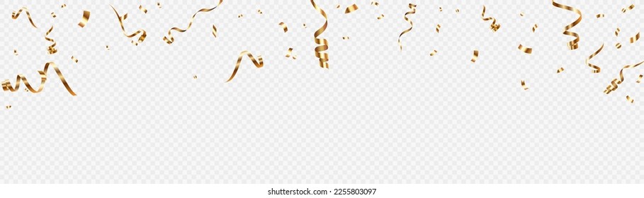 Golden confetti serpentine, falling lace confetti, streamer, tinsel on a transparent background for design and congratulations.Vector	
