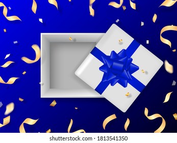 Golden confetti and serpentine on a blue background with open gift box. Vector stock illustration banner