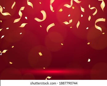 Golden confetti and serpentine on a red background. Vector stock illustration banner