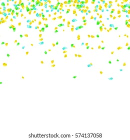 Golden Confetti with Serpentine. Vector Festive Illustration of Falling Shiny Confetti Glitters Isolated on white Background. Holiday Decorative Element for Design. Mardi Gras.